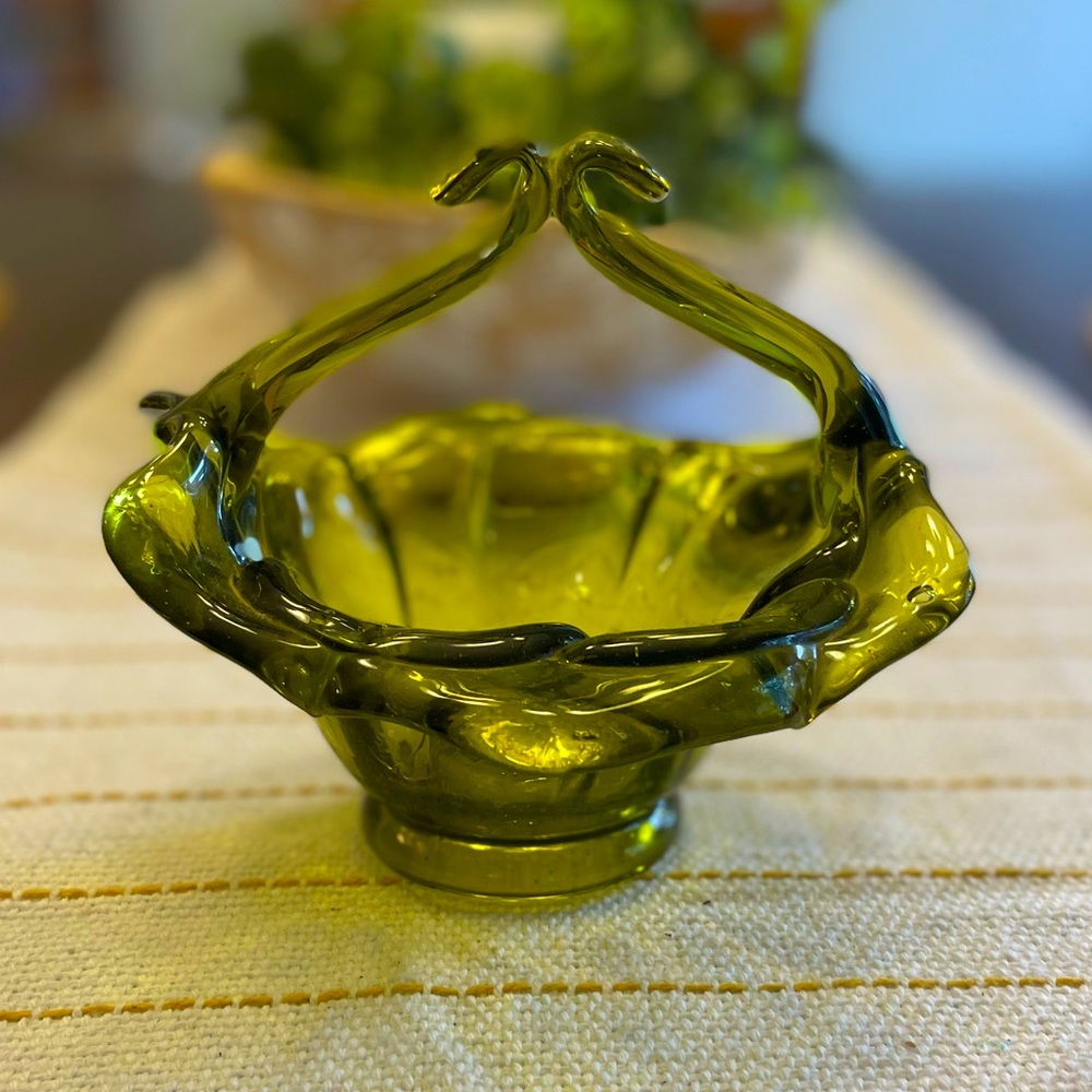Olive Green Depression Glass Basket